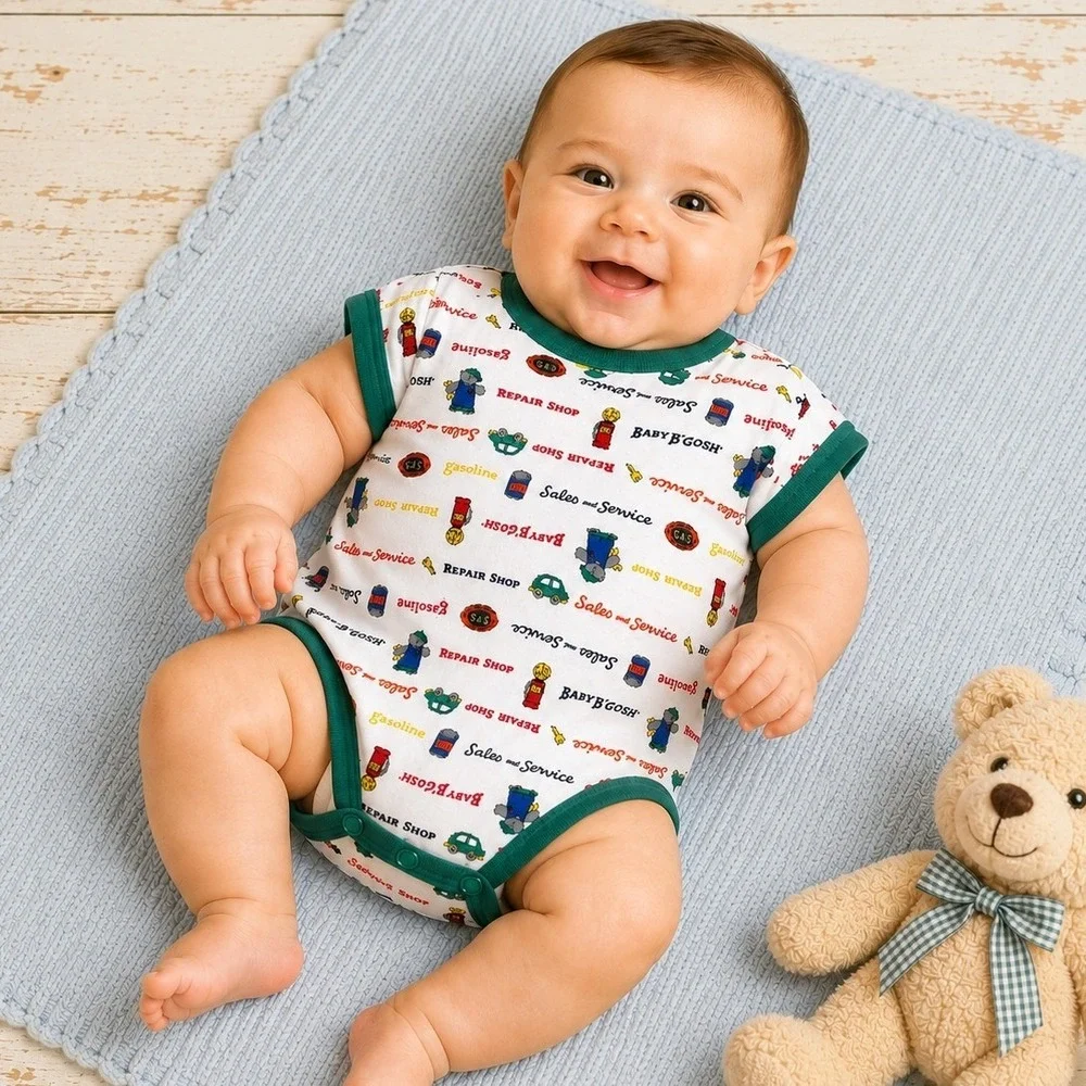 Vintage Baby B'Gosh Repair Shop Car Print Short Sleeve Bodysuit Green 3-6 Months